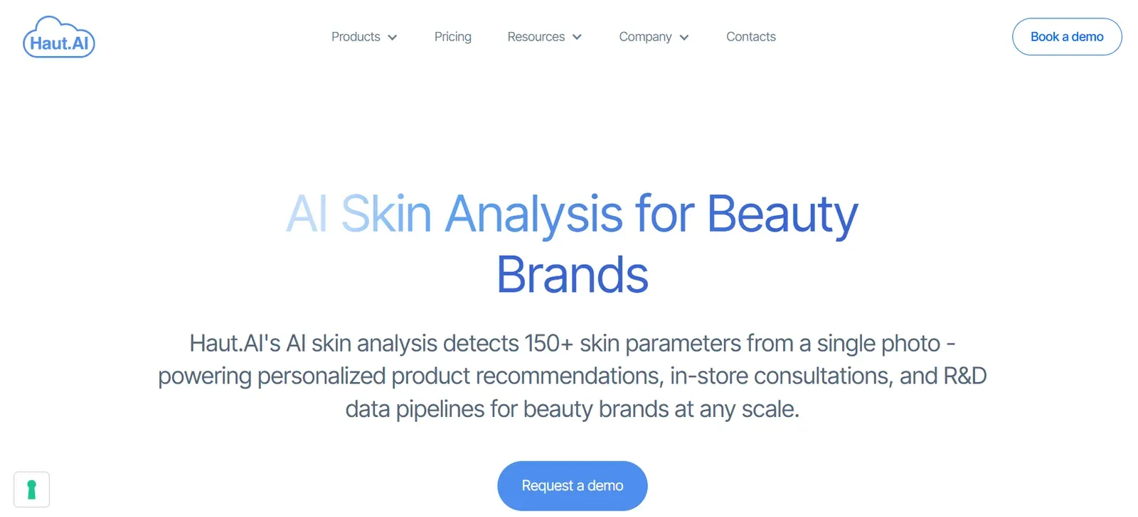 Haut.AI homepage headline reading AI Skin Analysis for Beauty Brands with 150 plus skin parameters from a single photo