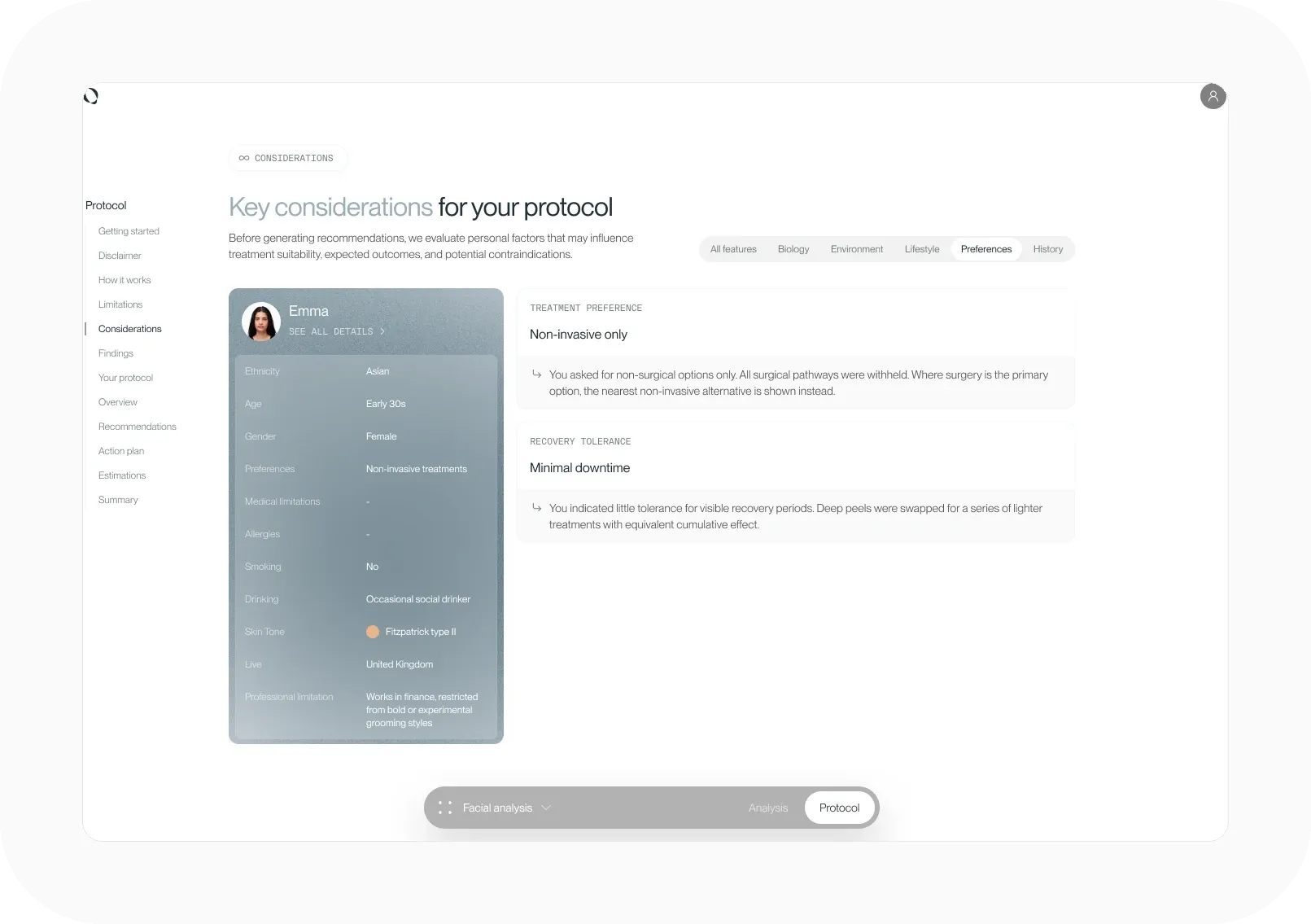 FASEVA protocol considerations screen with a personal profile and treatment preferences like non-invasive only and minimal downtime