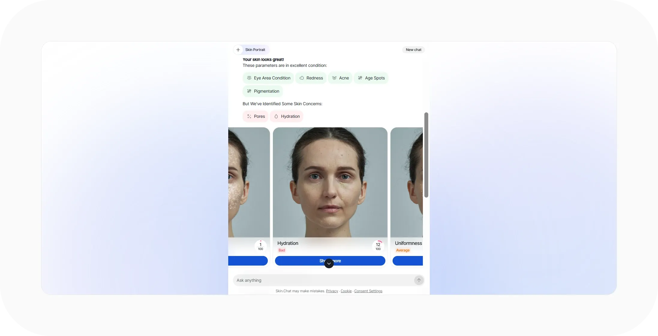 Skin.Chat metric card scoring hydration 12 out of 100 with a facial overlay, flagged alongside pores as a skin concern