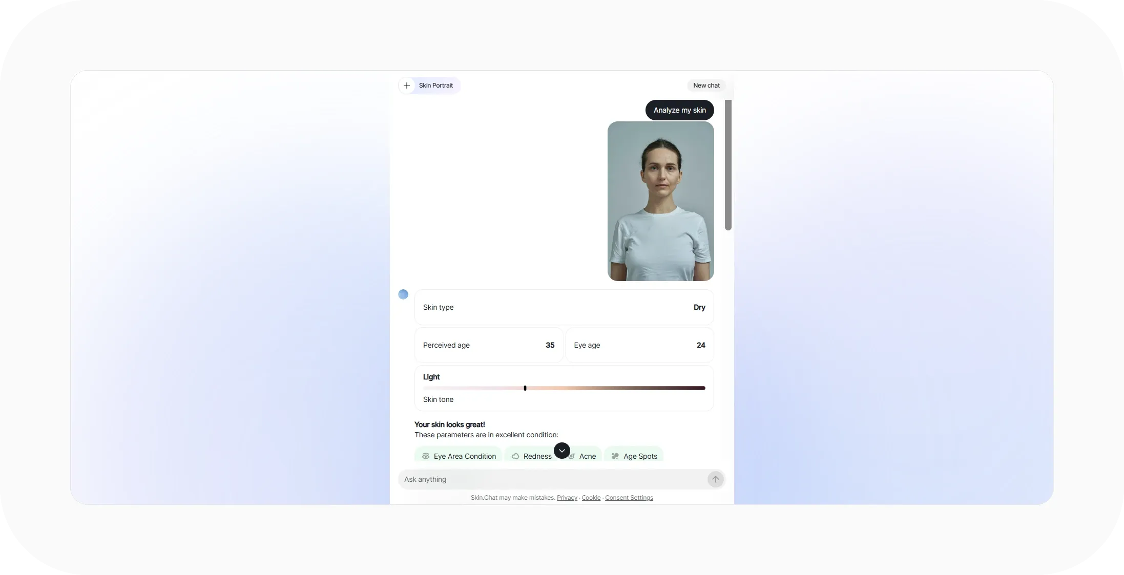 Skin.Chat results header showing skin type dry, perceived age 35, eye age 24, and a light skin tone slider