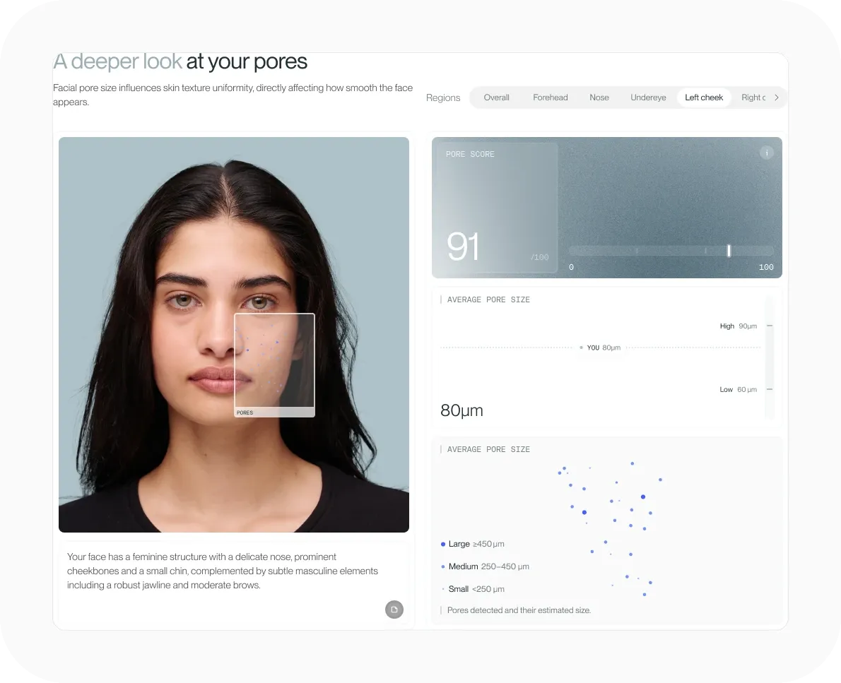 FASEVA pore analysis with a 91 out of 100 pore score, an average pore size chart, and detected pores mapped on the face