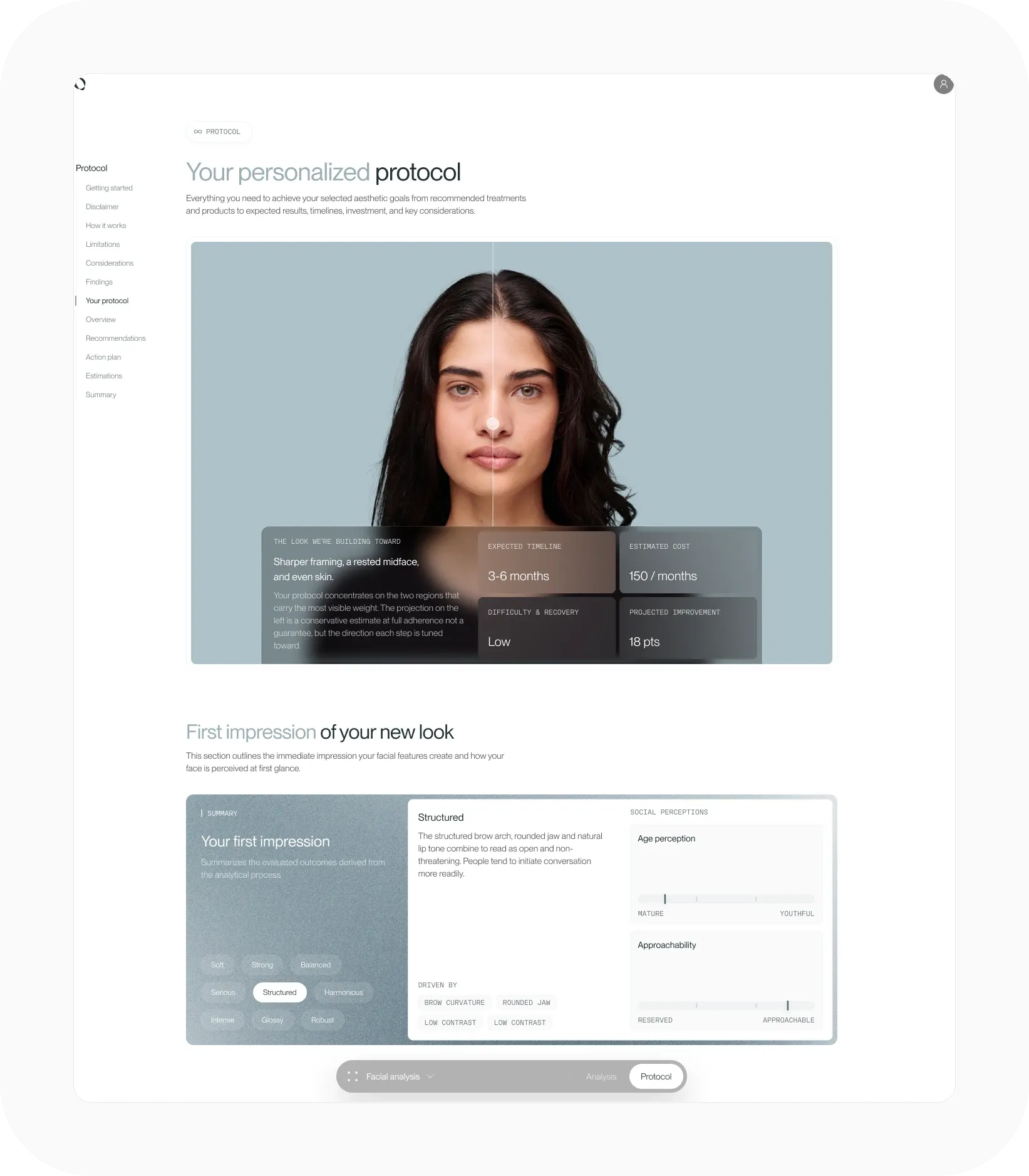 FASEVA personalized protocol page with a projected look, expected timeline, estimated cost, and projected improvement