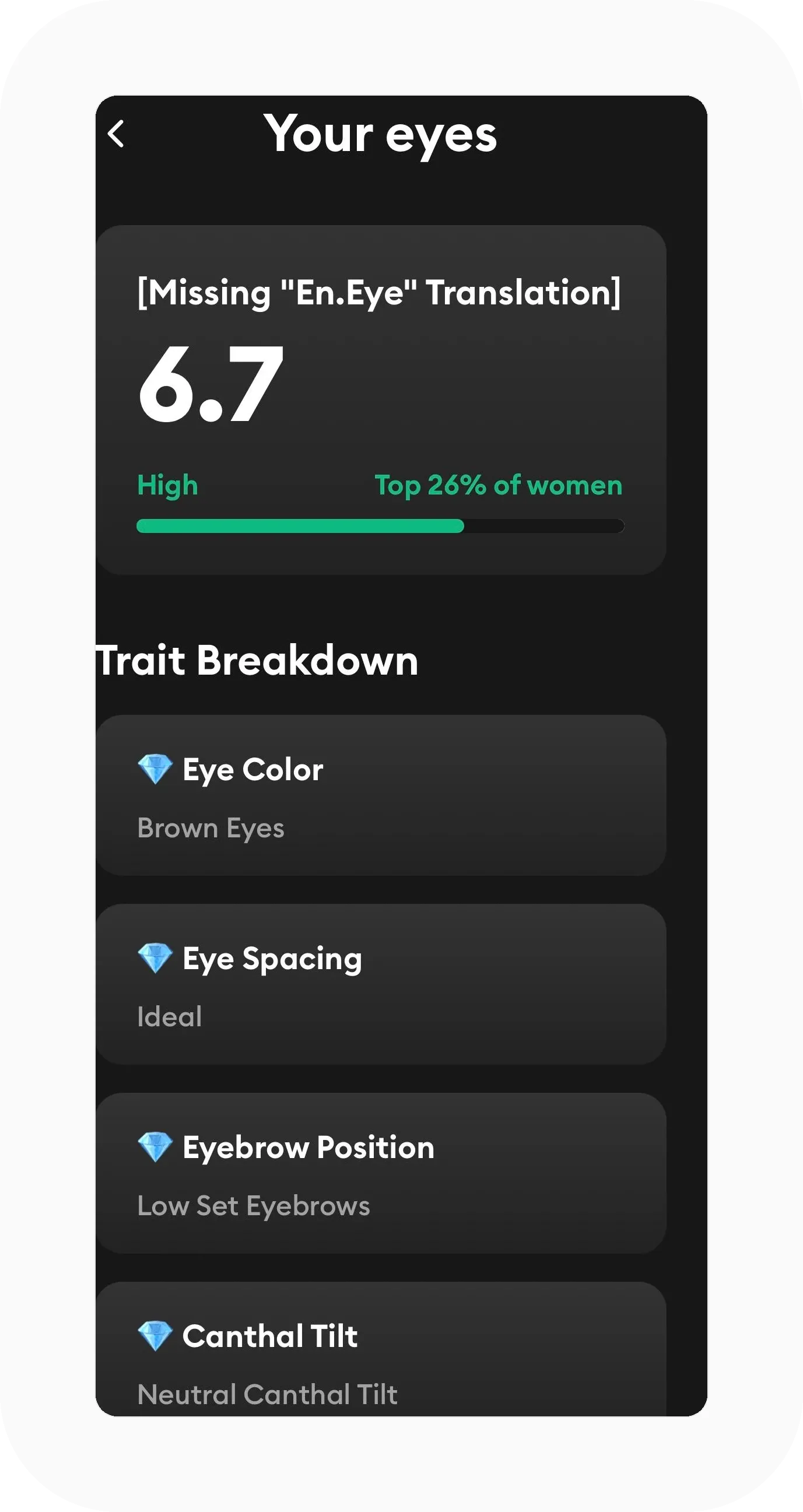 LooksMax AI eyes page with an untranslated placeholder title in place of the word Eyes above a 6.7 score