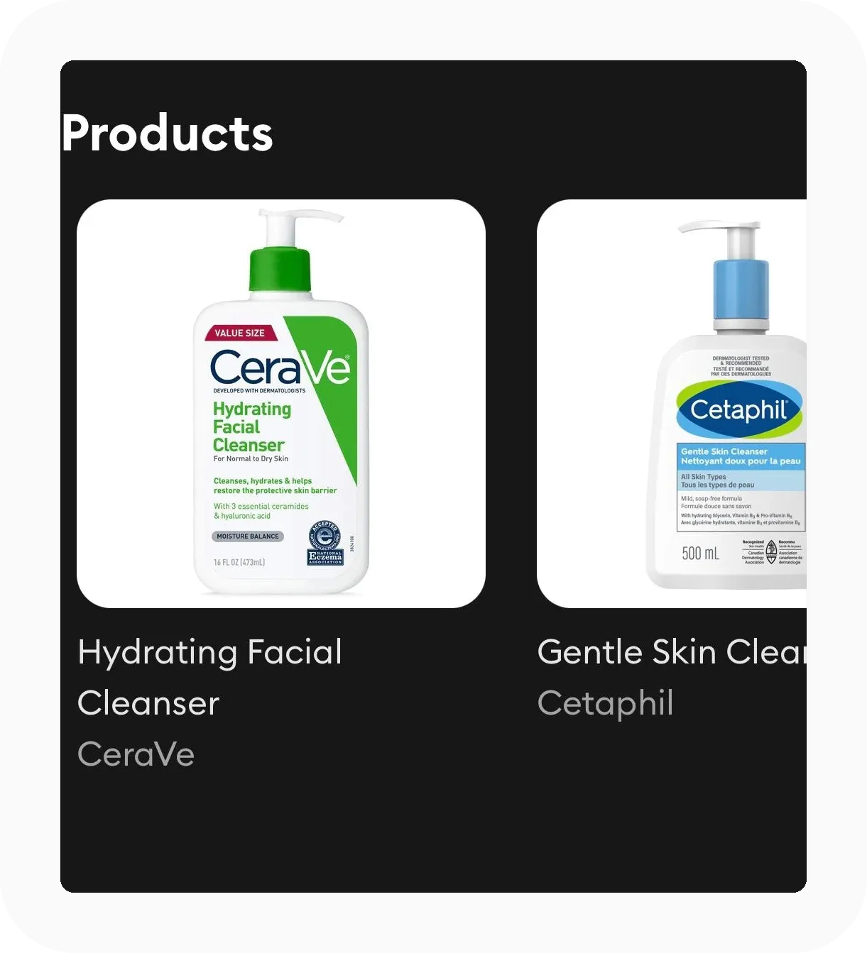 LooksMax AI products carousel recommending CeraVe and Cetaphil drugstore cleansers