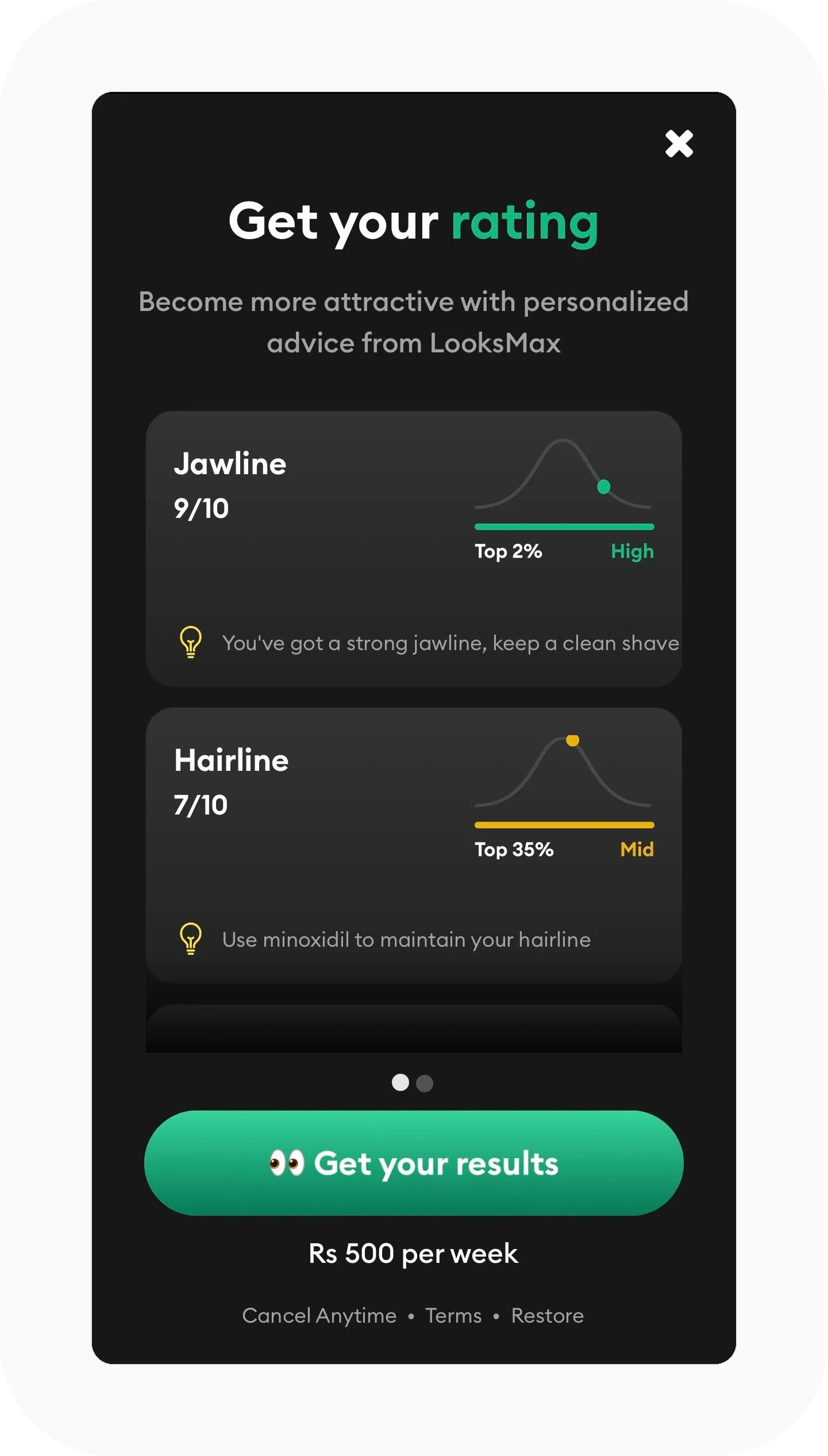 LooksMax AI subscription screen offering ratings for a weekly fee, with sample jawline and hairline scores on bell curves