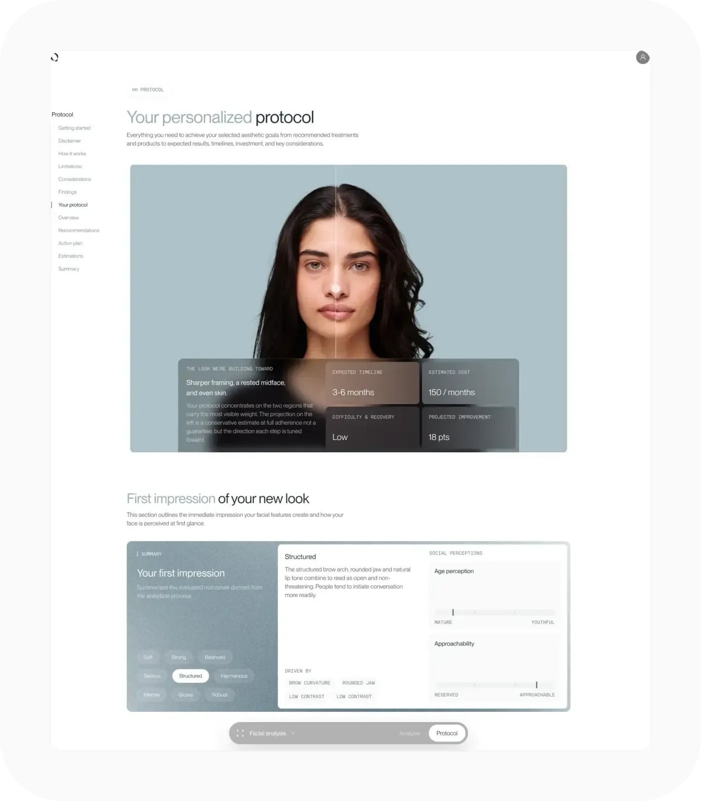FASEVA personalized protocol page showing a projected look, an expected timeline and an estimated cost