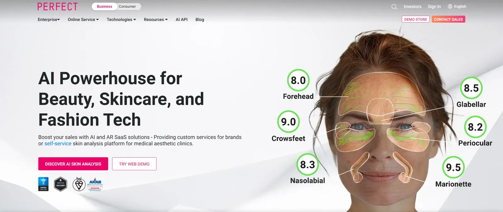 Perfect Corp business homepage scoring wrinkle regions on a model's face, with forehead 8.0 and crowsfeet 9.0 Perfect Corp business homepage scoring wrinkle regions on a model's face, with forehead 8.0 and crowsfeet 9.0