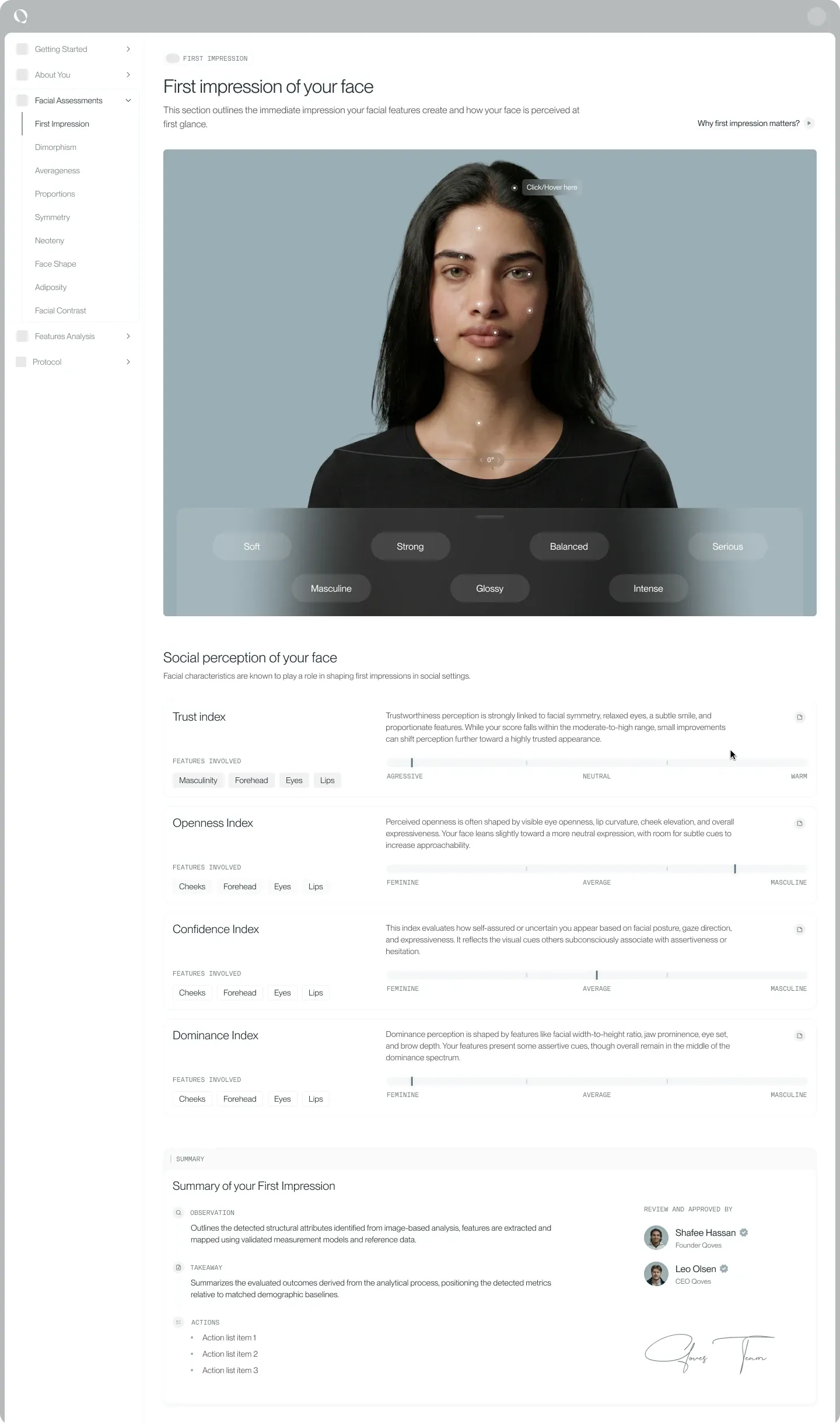FASEVA facial analysis report showing the First Impression section, with social-perception indices FASEVA facial analysis report showing the First Impression section, with social-perception indices
