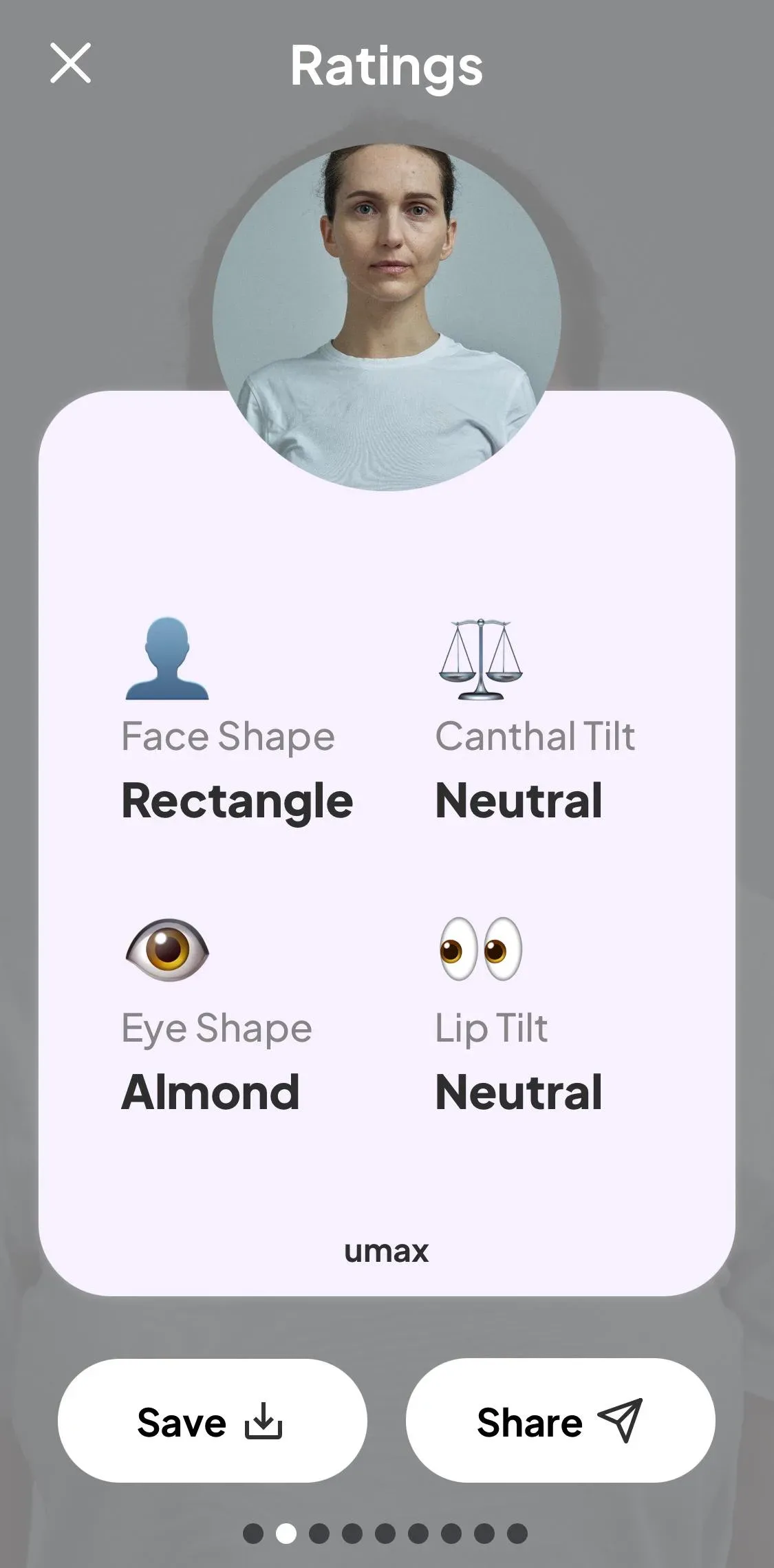 Umax ratings screen listing Face Shape Rectangle, Canthal Tilt Neutral, Eye Shape Almond and Lip Tilt Neutral as one-word labels