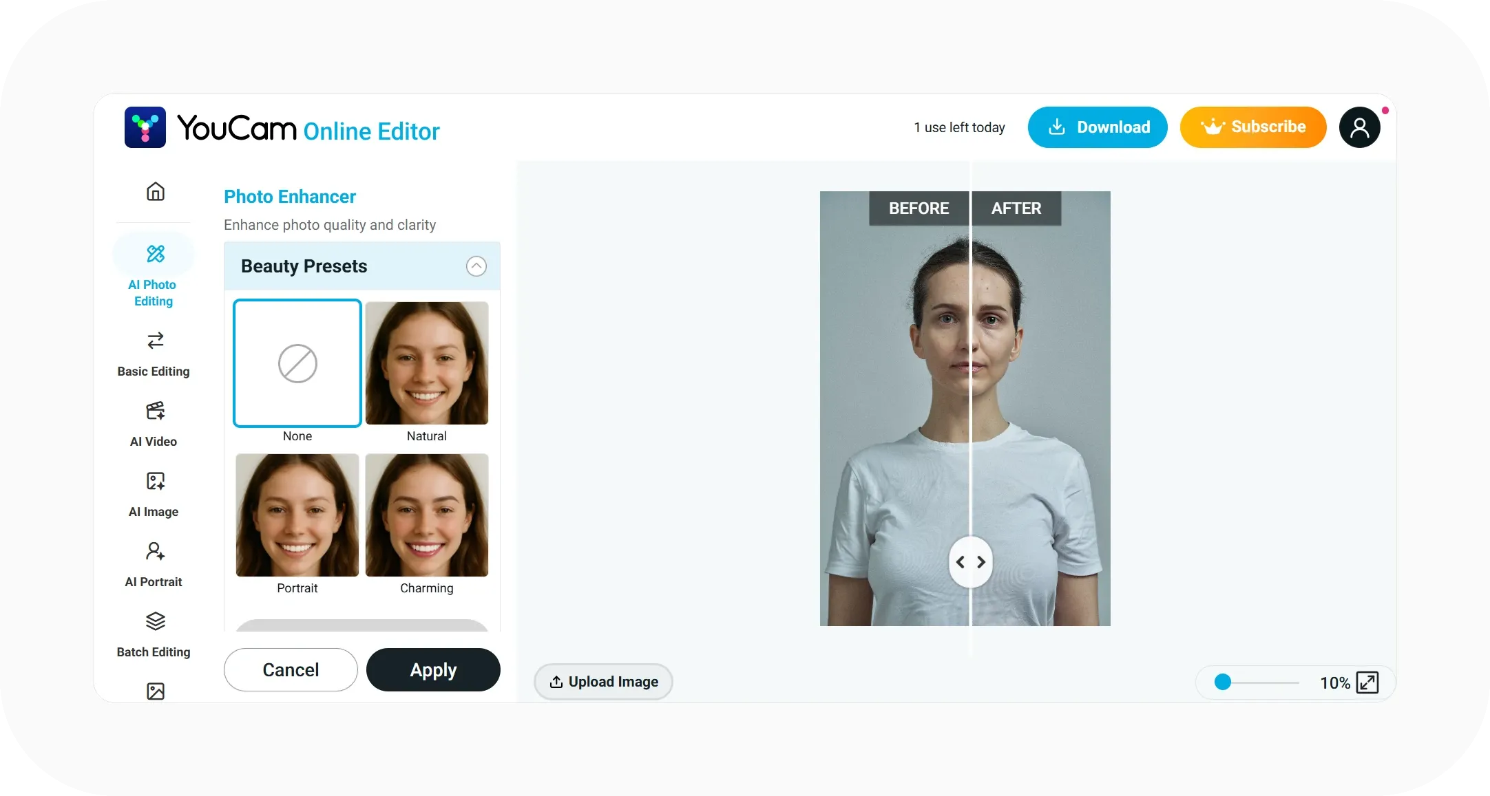 YouCam Photo Enhancer beauty presets named Natural, Portrait, and Charming with a before and after split view