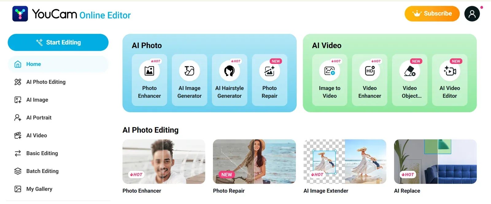 YouCam Online Editor home screen with AI photo and video tools including Photo Enhancer and AI Hairstyle Generator YouCam Online Editor home screen with AI photo and video tools including Photo Enhancer and AI Hairstyle Generator