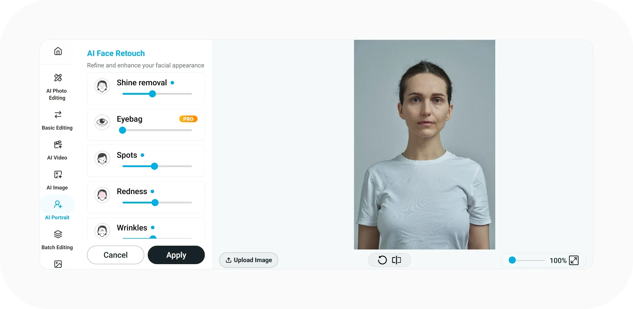 YouCam AI Face Retouch with shine, spots, and redness sliders raised beside a portrait