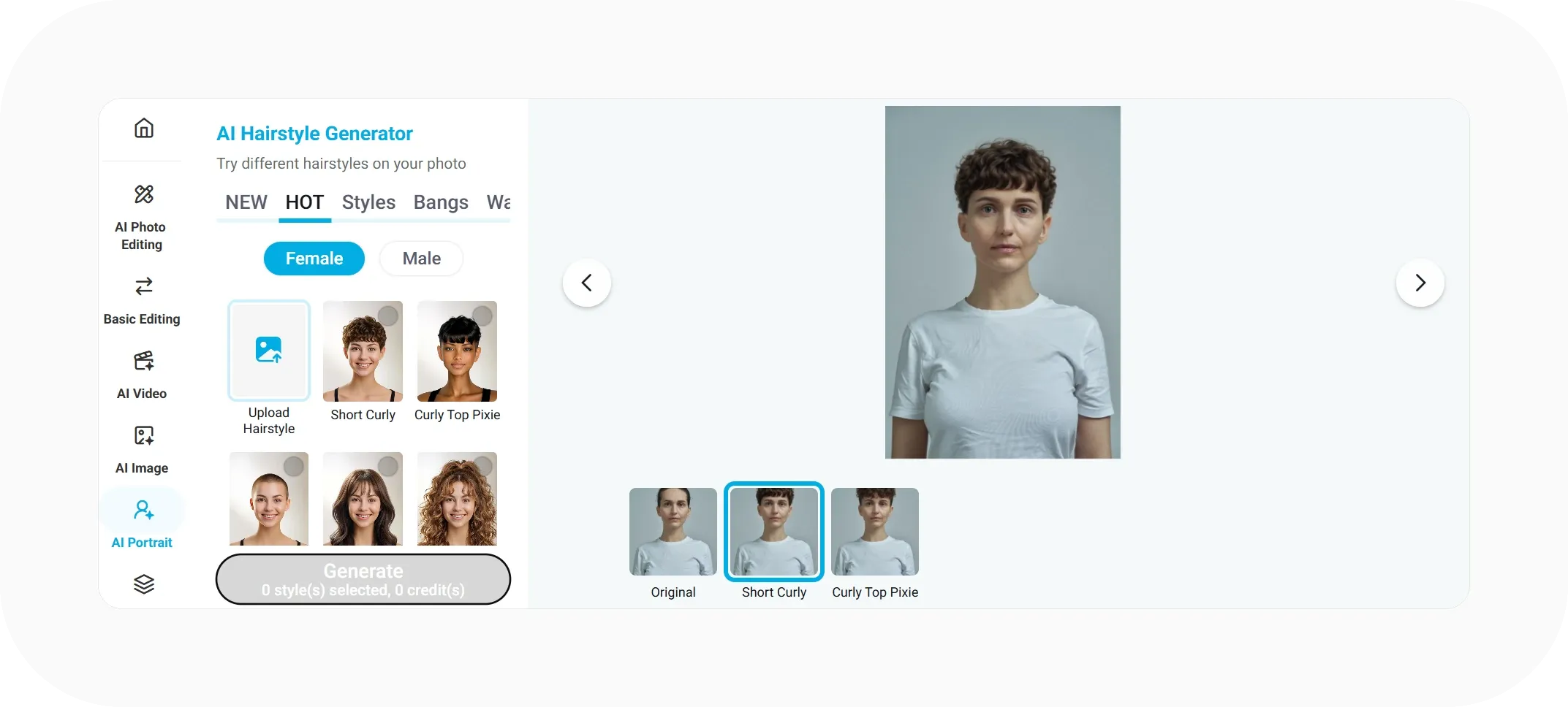 YouCam AI Hairstyle Generator applying a short curly style, with original and styled result thumbnails