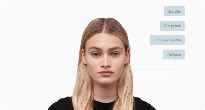 Front portrait of a young woman labelled sociable, competent, emotionally stable, intelligent