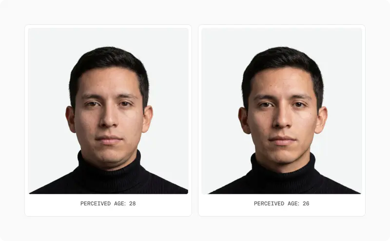 Two front portraits of the same man labelled perceived age 28 and perceived age 26