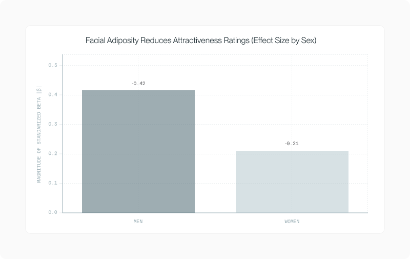Bar chart of standardised attractiveness penalties for higher adiposity, twice as large for men as for women