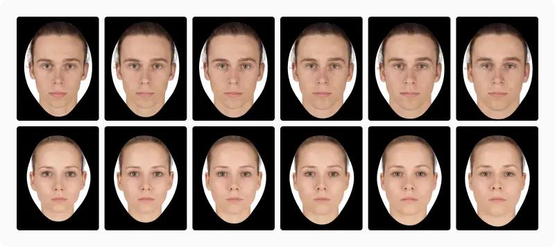 Two rows of six female and male composite faces ranked along the BMI axis