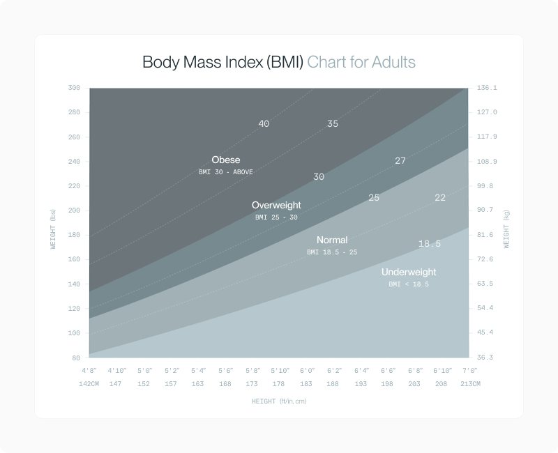Adult BMI chart plotting weight against height with underweight, normal, overweight and obese bands