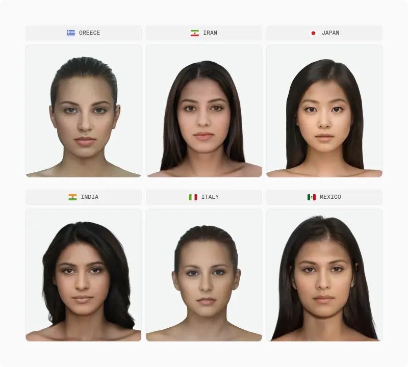 Six averaged female faces from Greece, Iran, Japan, India, Italy and Mexico