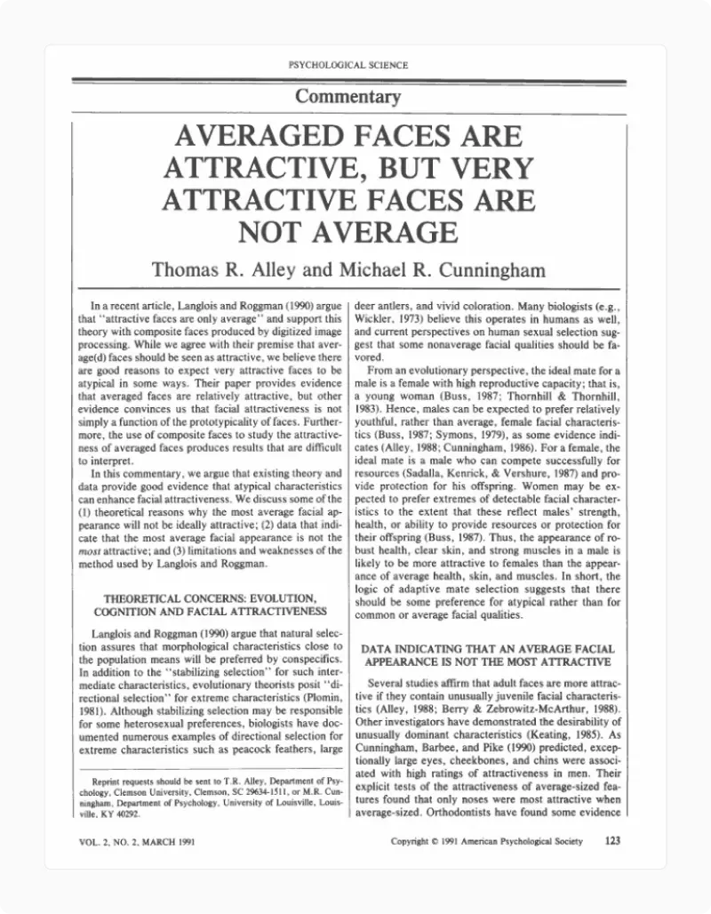 Front cover of Alley and Cunningham's 1991 paper Average Faces Are Attractive, But Very Attractive Faces Are Not Average