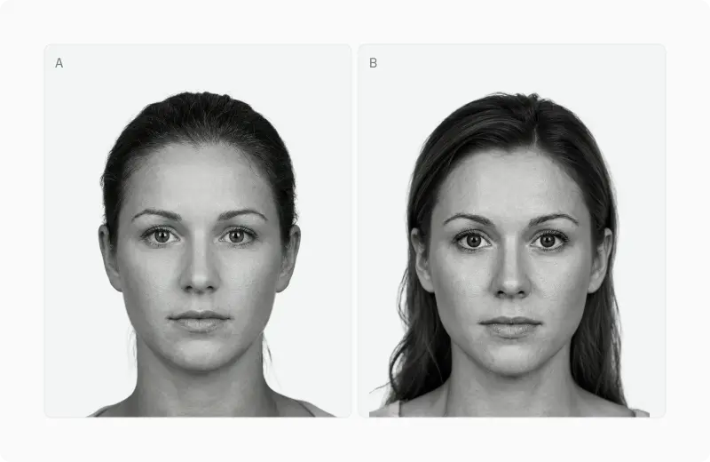 Two female portraits labelled A and B comparing an averaged face with a more attractive non-average face
