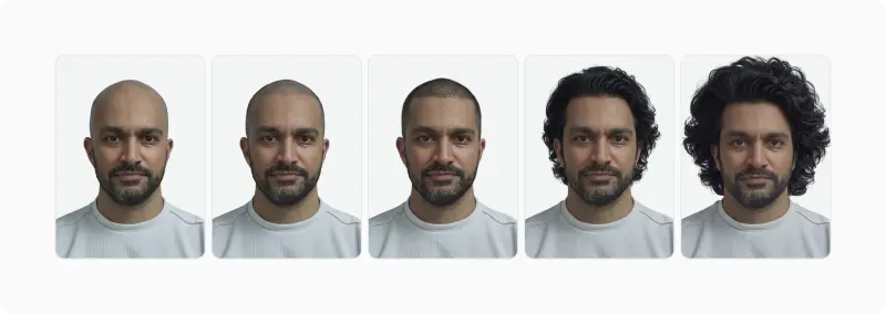 Row of five male portraits with progressively different hair volume, from very sparse to very voluminous