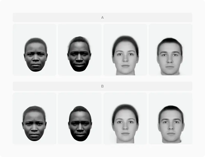 Two rows of four averaged faces showing how composites smooth toward a prototype as more faces are added