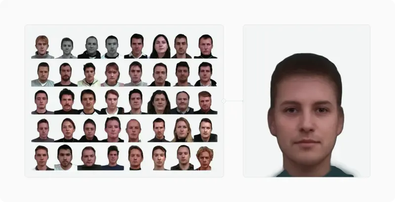 Four composite female faces averaged from 1, 5, 10 and 12 individual faces