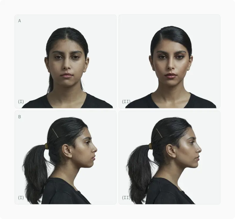 Composite face beside a grid of the 32 individual male and female faces used to build it