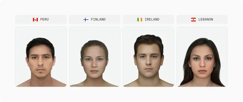 Grid of four averaged faces representing different national populations (Peru, Finland, Ireland, Lebanon)