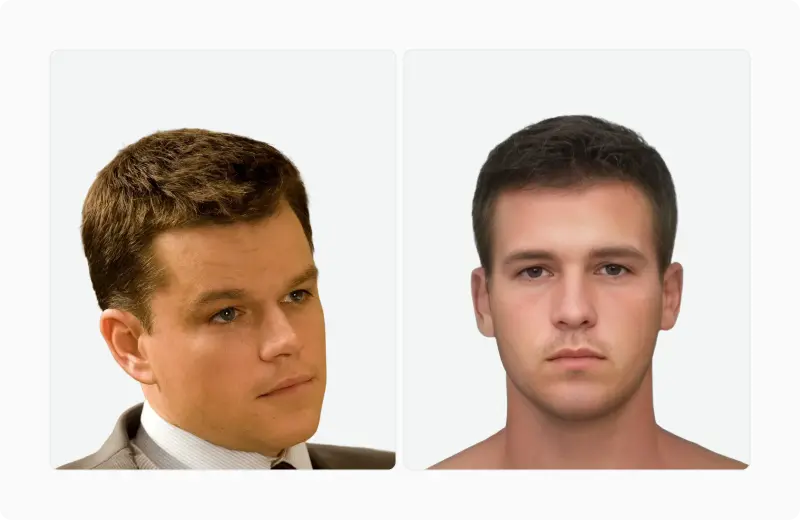 Two male portraits showing Matt Damon beside an averaged composite for comparison