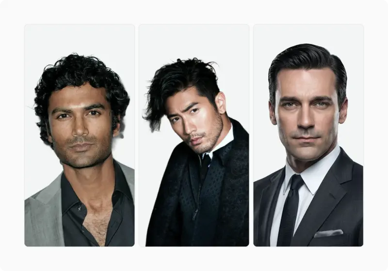 Three male portraits of public figures used to illustrate cultural variation in masculine appeal