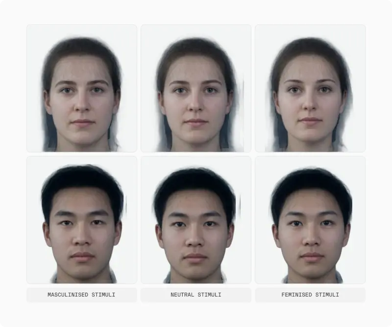 Composite male and female portraits with masculinised, neutral and feminised manipulations