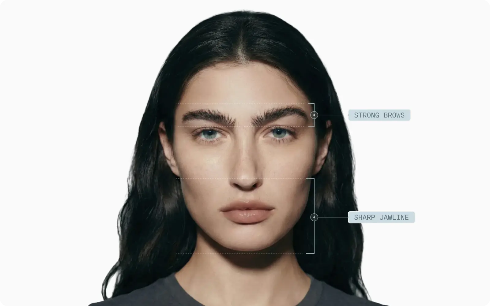 Front portrait of a woman with very strong brows and jaw, showing femininity pushed too far
