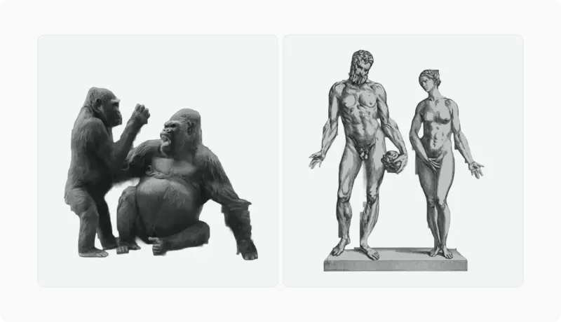 Gorilla pair beside a classical male and female nude statue, showing body-mass dimorphism