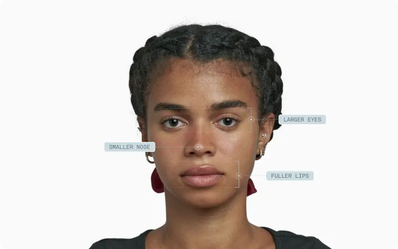 Front portrait of a woman with larger eyes, smaller nose and fuller lips called out as feminine traits