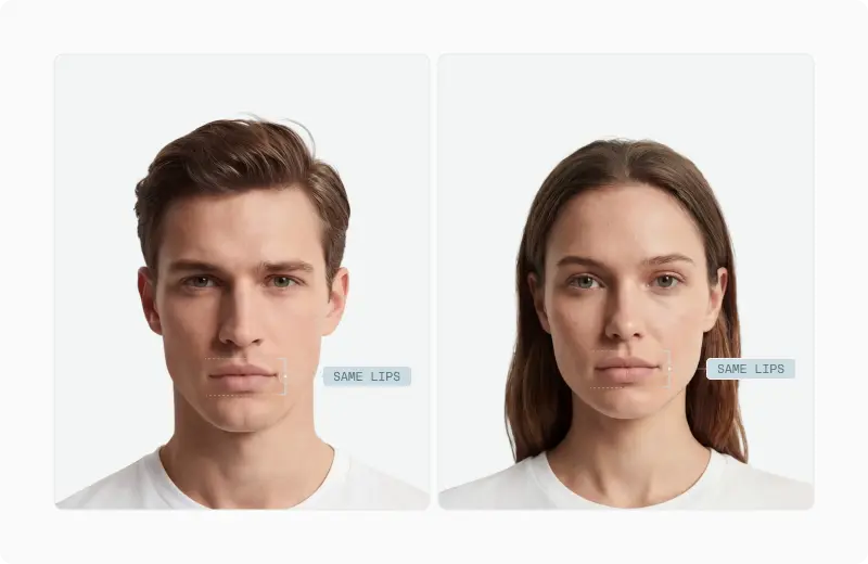 Two portraits of a man and a woman with the same lip shape labelled on both faces