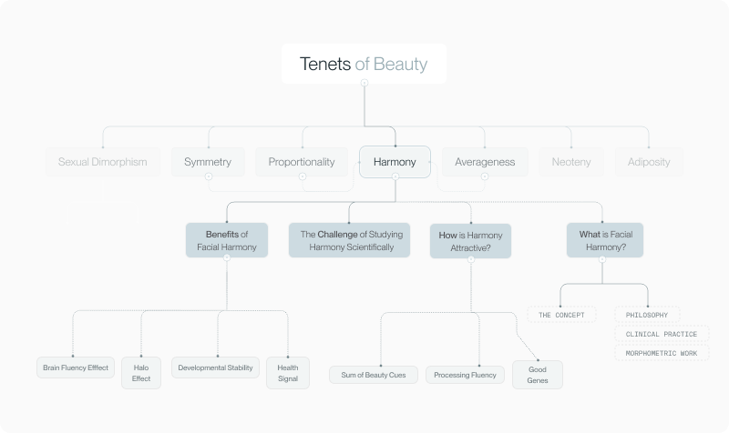 Mindmap placing harmony within the seven tenets of beauty framework, with branches to its benefits, definition and study challenges
