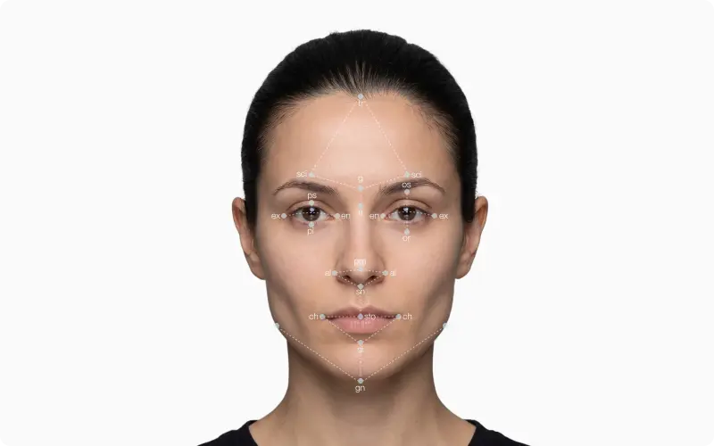 Front portrait of a woman with anthropometric landmarks (trichion, nasion, ex, en, ch, gonion) plotted across the face