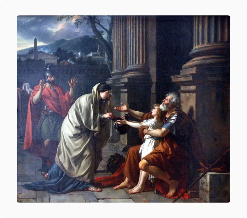 Classical painting of a parent caring for an elder, illustrating altruism and the helping impulse