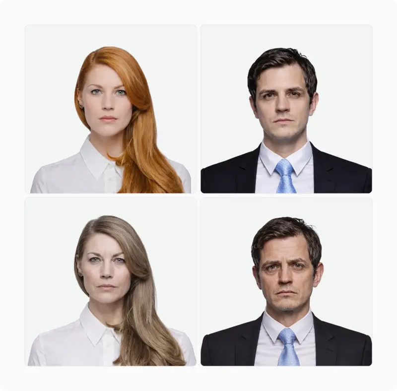 Grid of four corporate-styled portraits: younger and older versions of a woman and a man in business attire