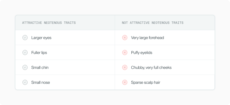 Two-column table contrasting attractive neotenous traits (larger eyes, fuller lips, small chin, small nose) with unattractive ones (large forehead, puffy eyelids, chubby cheeks, sparse hair)
