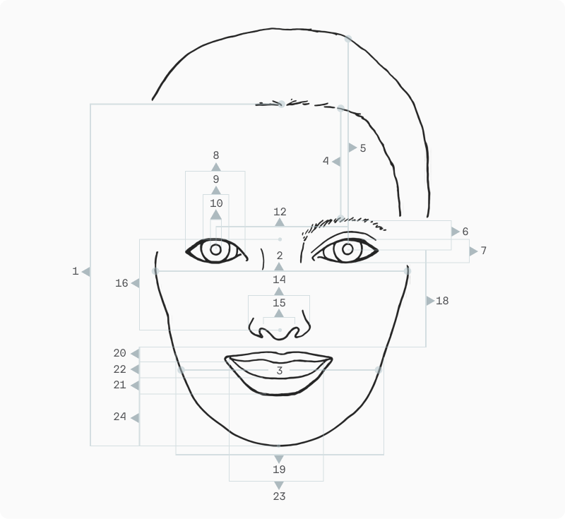 Front portrait of a woman with seven marked landmarks across the forehead, eyes, nose and chin
