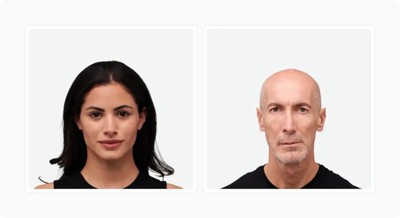 Two portraits comparing a young woman with strong neoteny against an older bald man with low neoteny