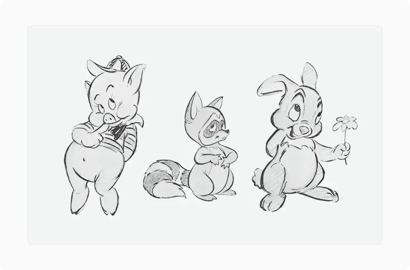 Pencil sketches of three cartoon animal characters with exaggerated baby-schema proportions