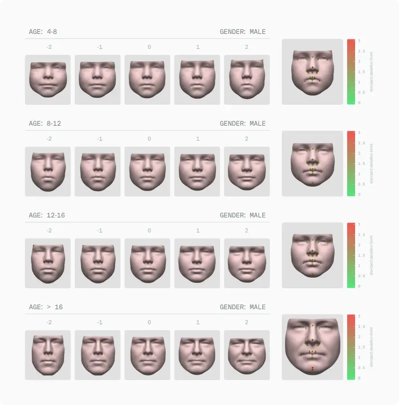 Grid of 3D-rendered male faces from age 4 to over 16 manipulated along a proportionality axis