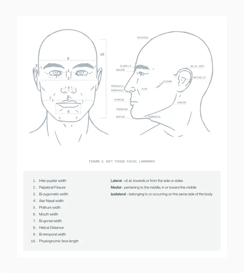 Front and side schematic head diagrams with anthropometric landmarks (trichion, nasion, alar, gonion, menton) labelled, with a definitions panel