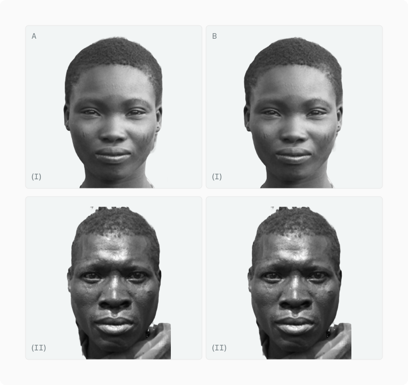 Two-by-two panel of original versus digitally symmetrised male and female Hadza portraits