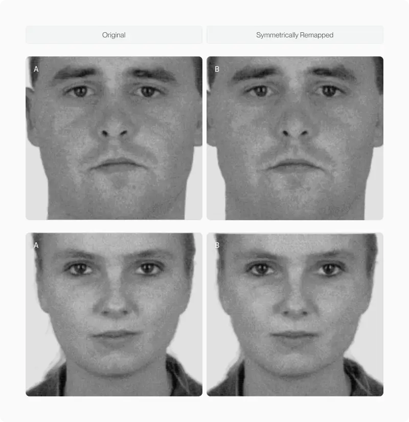 Two-by-two matrix of symmetry effect sizes by study method, from manipulated side-by-side to natural one-at-a-time