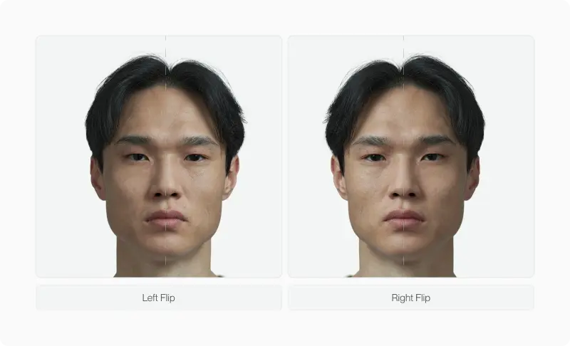 Male and female portraits with a vertical midline overlay highlighting asymmetries in the eyes, nose, lips and jaw